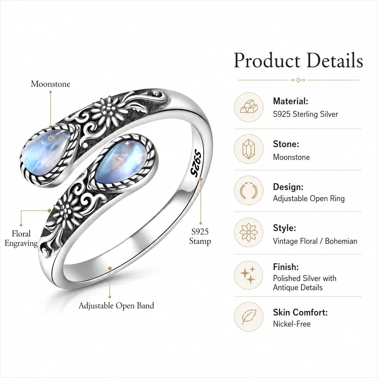 Vintage Moonstone Open Ring • Adjustable Open Band