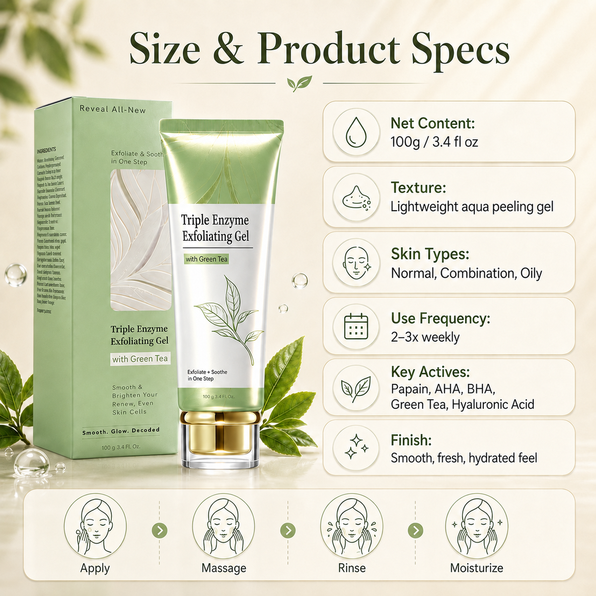 πΏ Triple Enzyme Exfoliating Peel Gel β AHA + BHA with Green Tea, Hyaluronic Acid for Smooth, Radiant Skin