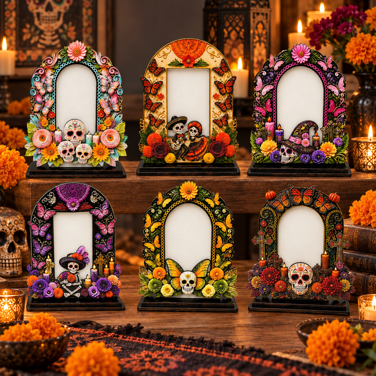 Day of the Dead Handcrafted Memorial Photo Frame Set—6 Colorful Wooden Offering Photo Frames