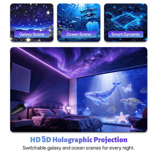 đNEXT-GEN SMART PROJECTION HD Smart Dynamic 5D Holographic Night Light Projector