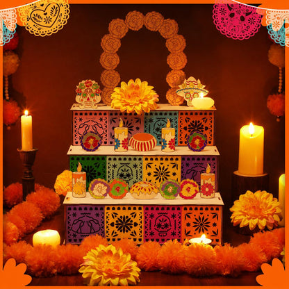 3‑Tier Wooden Day of the Dead Ofrenda Altar Set, Complete Decor Kit with Skull, Marigolds, Candles & Papel Picado