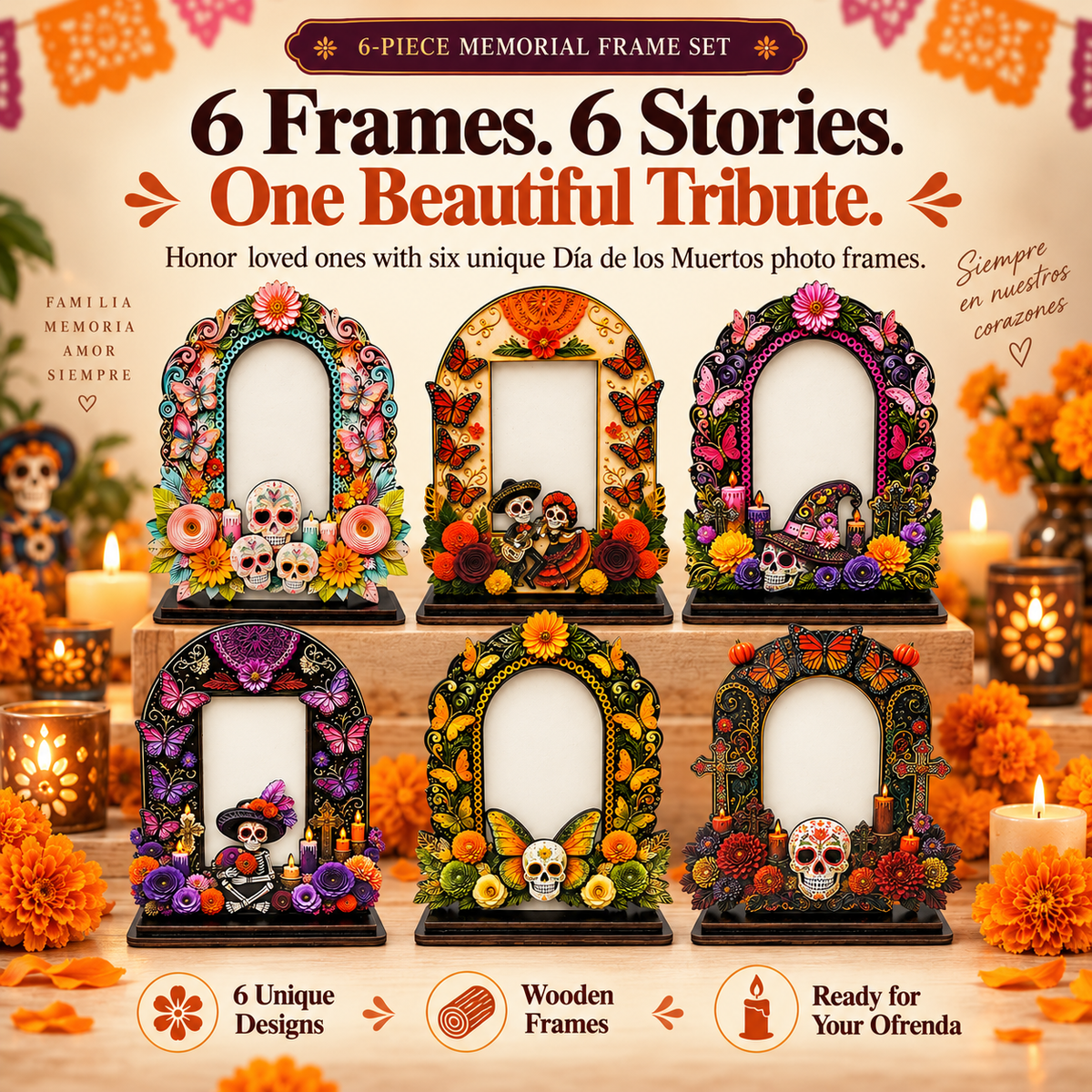 Day of the Dead Handcrafted Memorial Photo Frame Set—6 Colorful Wooden Offering Photo Frames