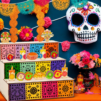 3‑Tier Wooden Day of the Dead Ofrenda Altar Set, Complete Decor Kit with Skull, Marigolds, Candles & Papel Picado