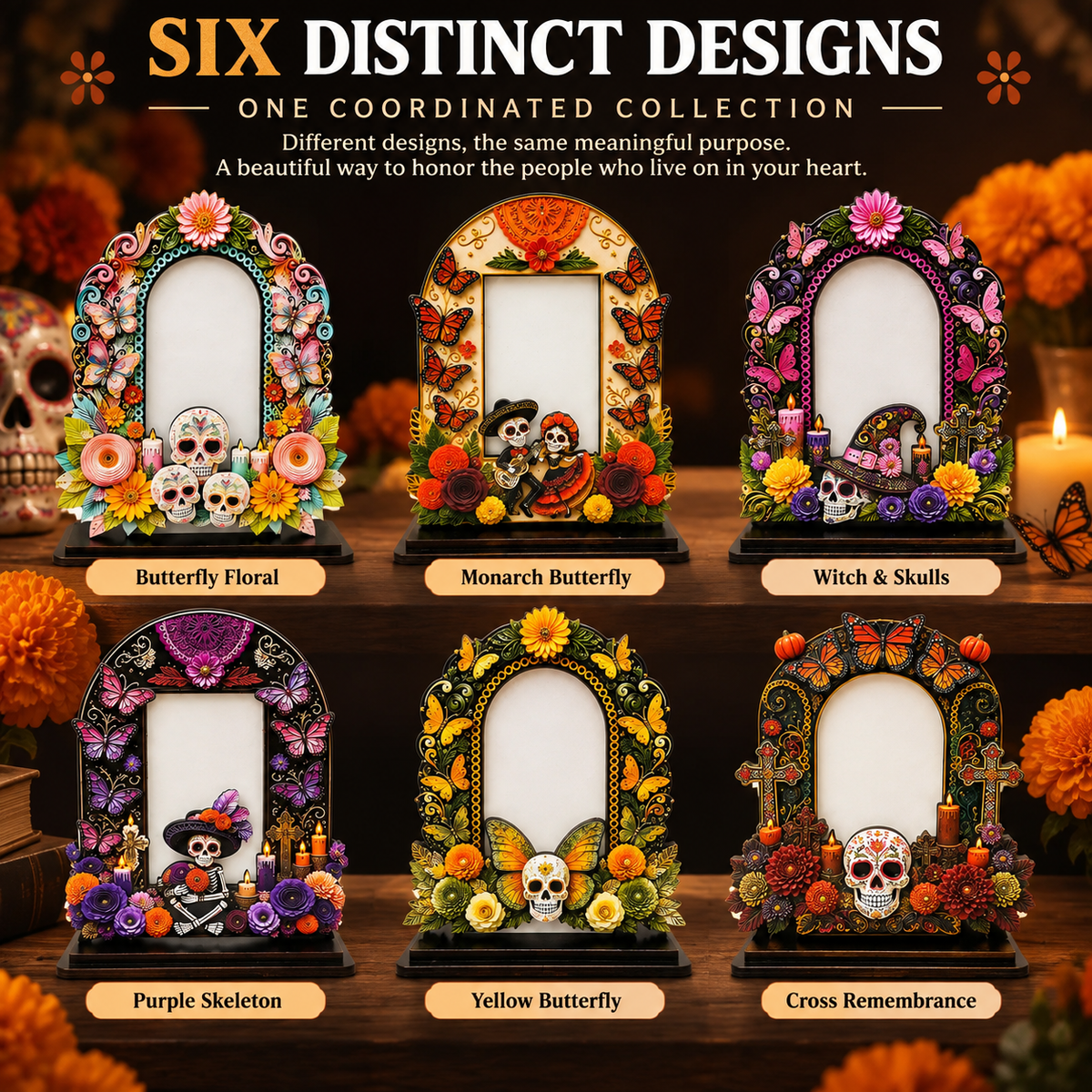 Day of the Dead Handcrafted Memorial Photo Frame Set—6 Colorful Wooden Offering Photo Frames