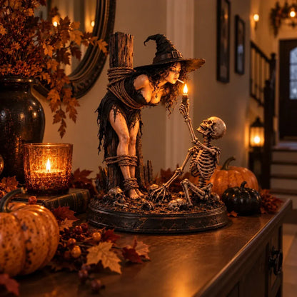 🖤 Light-Up Witch & Skeleton Gothic Figurine | Dark Halloween Tabletop Scene with Glowing Flame Detail 🔥