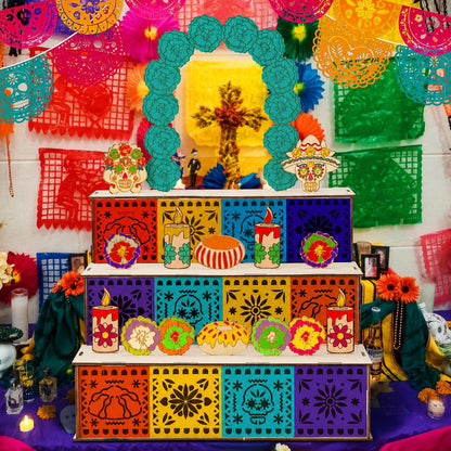 3‑Tier Wooden Day of the Dead Ofrenda Altar Set, Complete Decor Kit with Skull, Marigolds, Candles & Papel Picado