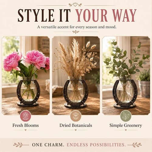 Rustic Horseshoe Flower Vase, Farmhouse Glass Bud Vase Decor with Matte Cast Iron Horseshoe Stand