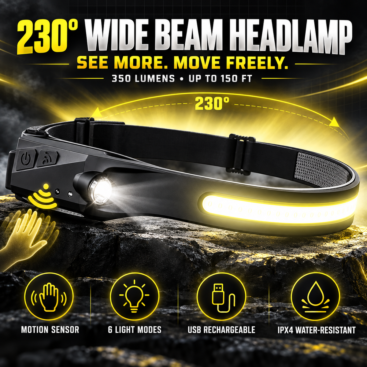 Rechargeable Headlamp | 230° Wide Beam LED with Motion Sensor, Adjustable Helmet-Fit Headband, Waterproof for Camping, Work & Emergencies