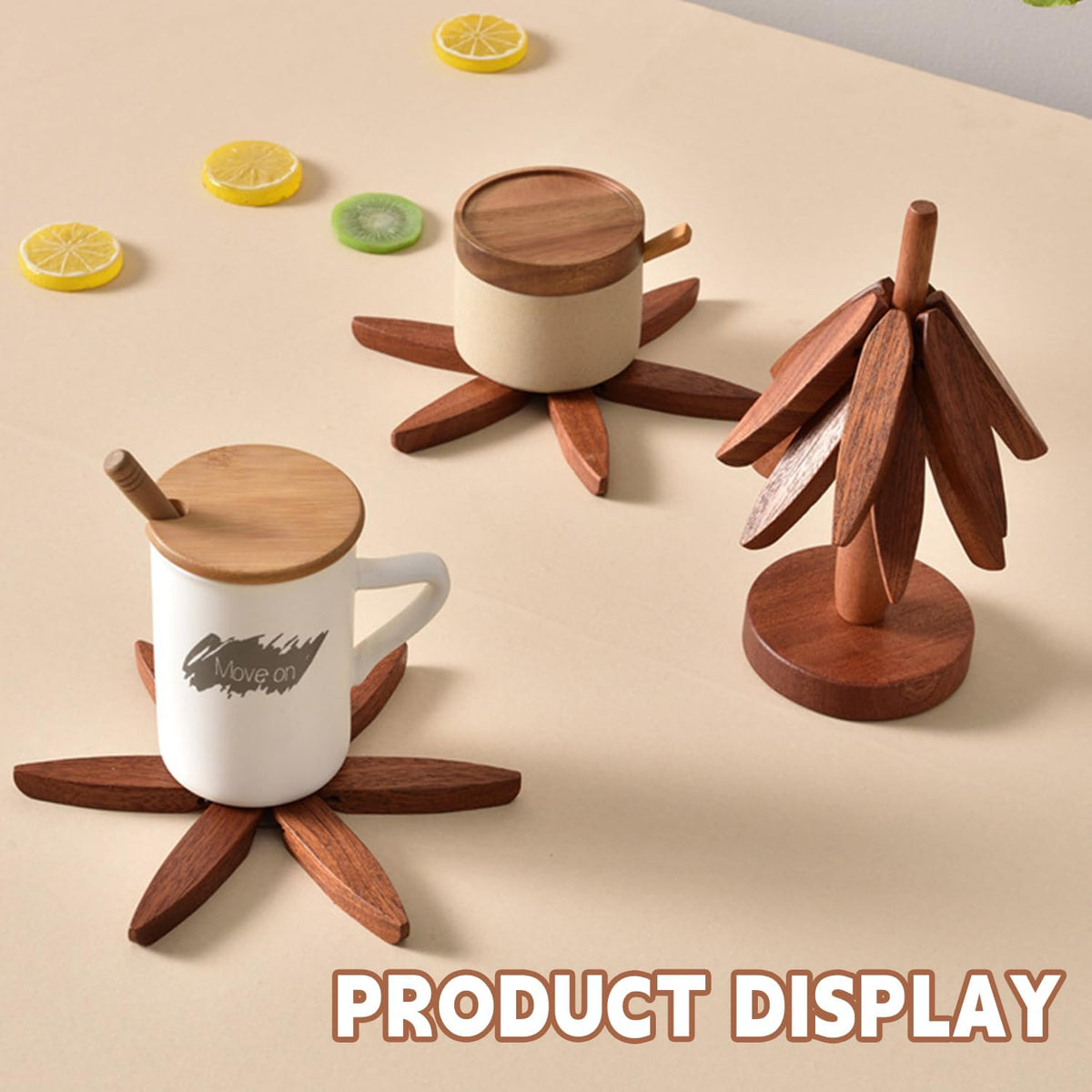 Natural Tree Trivet Set - 4 Wooden Trivets & 1 Stand Like a Christmas Tree