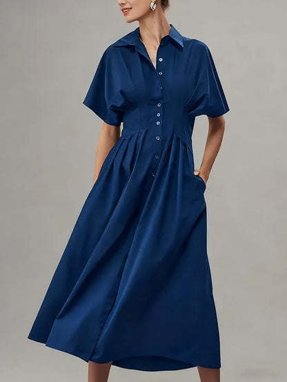 Shirt Dress for Women Summer Casual Short Sleeve Button Down Loose Pleated Maxi Sundress with Pockets