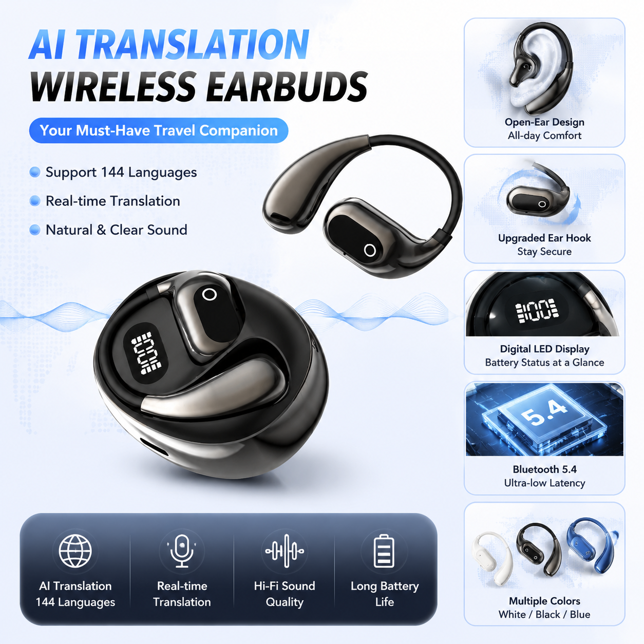MS190 AI Translation Earbuds | 156 Languages Real-Time | Bluetooth 5.3 Wireless Earphones