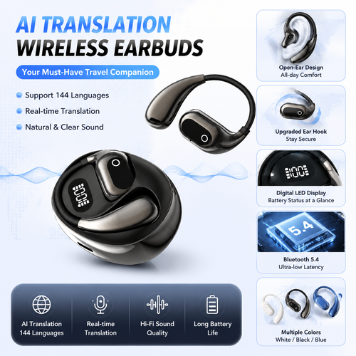 MS190 AI Translation Earbuds | 156 Languages Real-Time | Bluetooth 5.3 Wireless Earphones