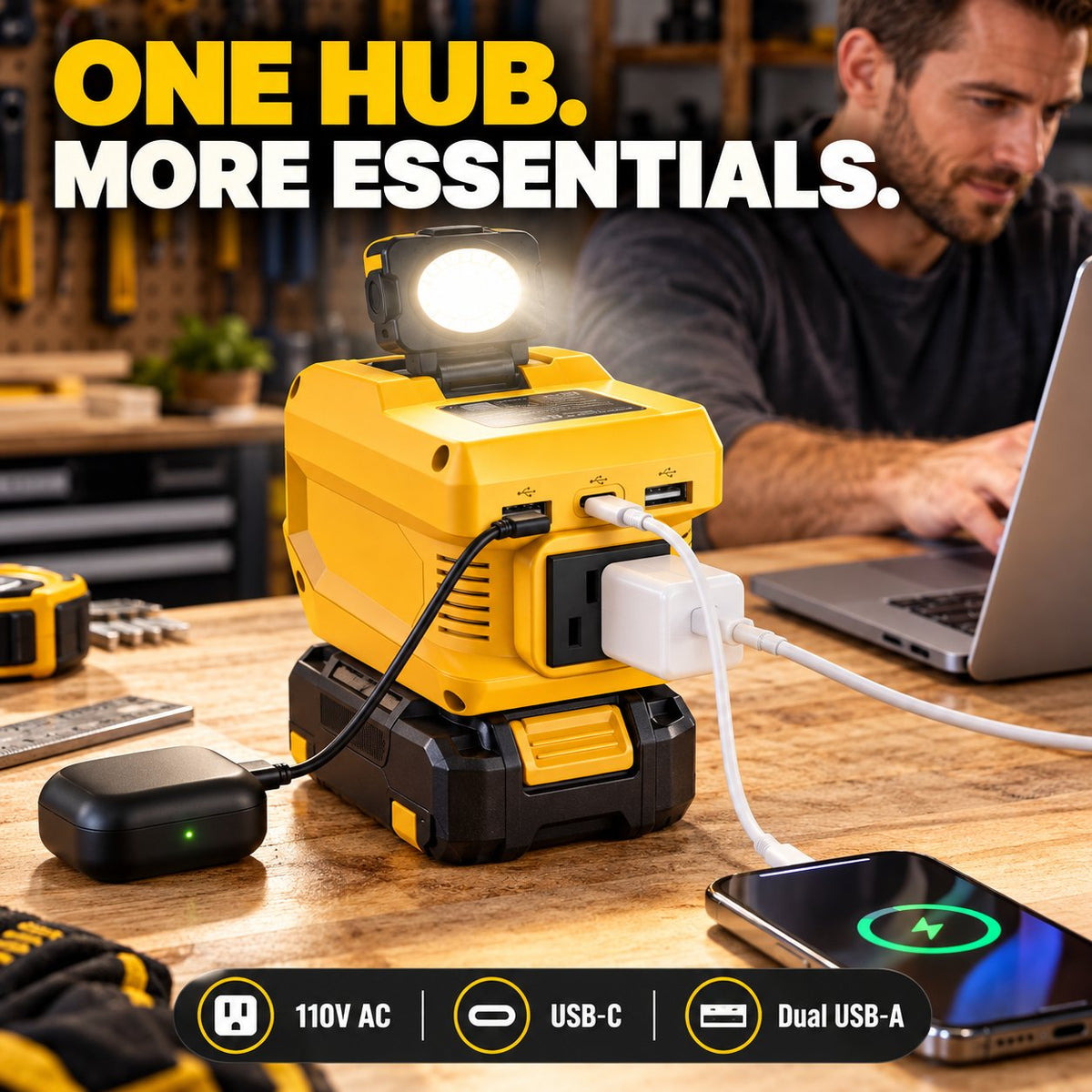 2-in-1 Portable Power Inverter & Floodlight | Convert Tool Batteries to 110V AC