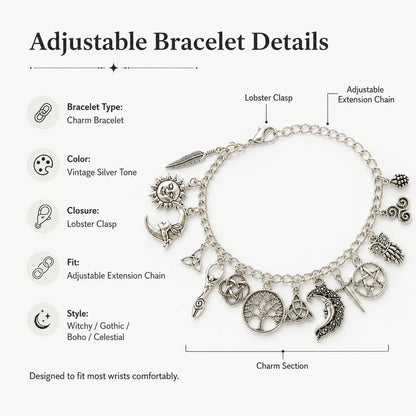 ✨🔮🌙Vintage Witchy Charm Bracelet | Celestial Gothic Boho Jewelry for Women
