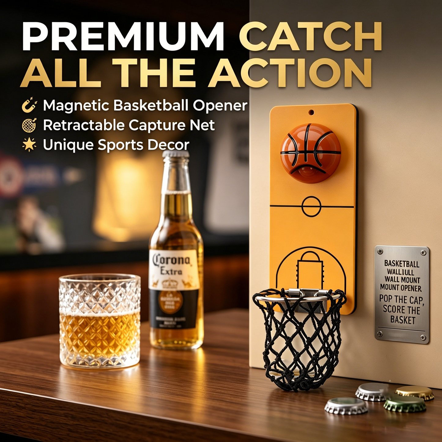 🏀 Wall Mount Basketball Bottle Opener with Caps Net