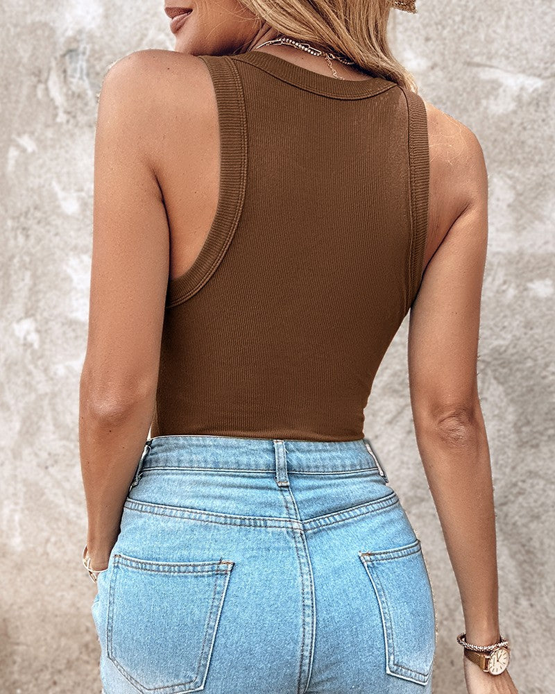Tank Top with Built in Bra, Round Neck Ribbed Tank Top with Bra Pads