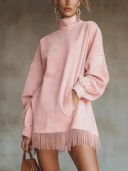 Limited time sale🔥Women's High Neck Oversized Fringe Sweatshirt Dress with Side Pockets