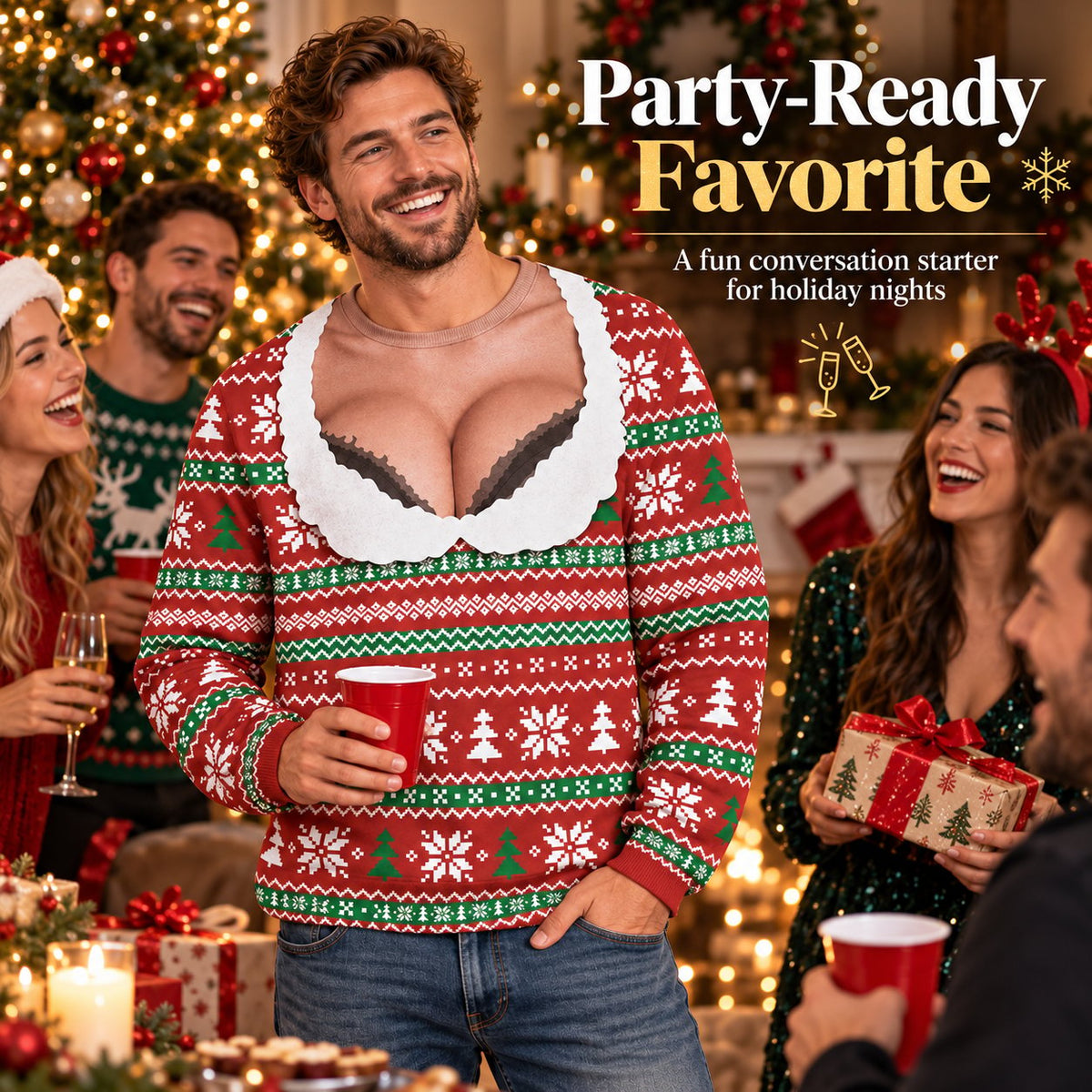Fake low-cut Christmas crew neck sweater