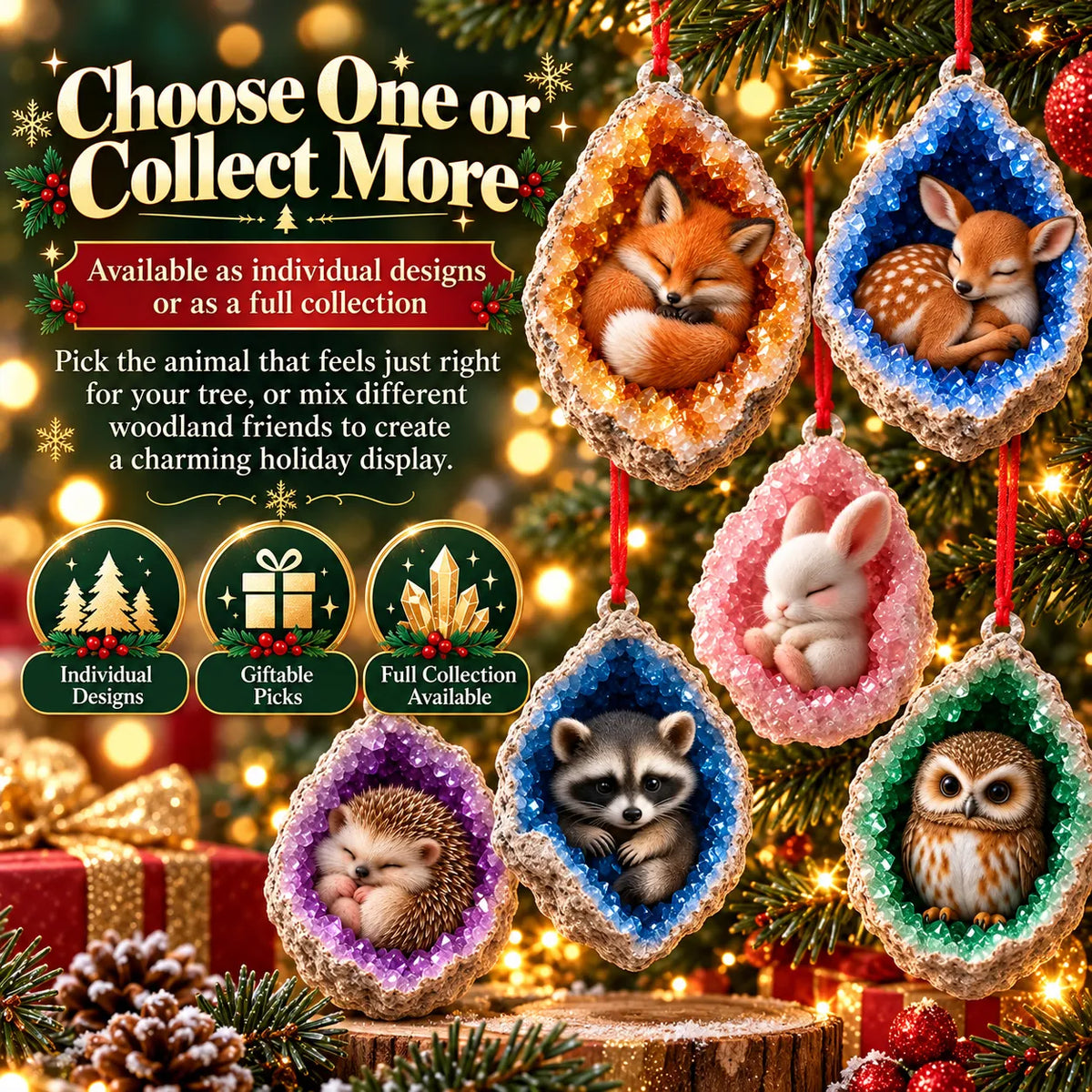 🎄Early Bird Christmas Sale 50% OFF |✨Woodland Geode Animal Ornaments – Tiny Christmas Friends Hidden in Crystal Magic