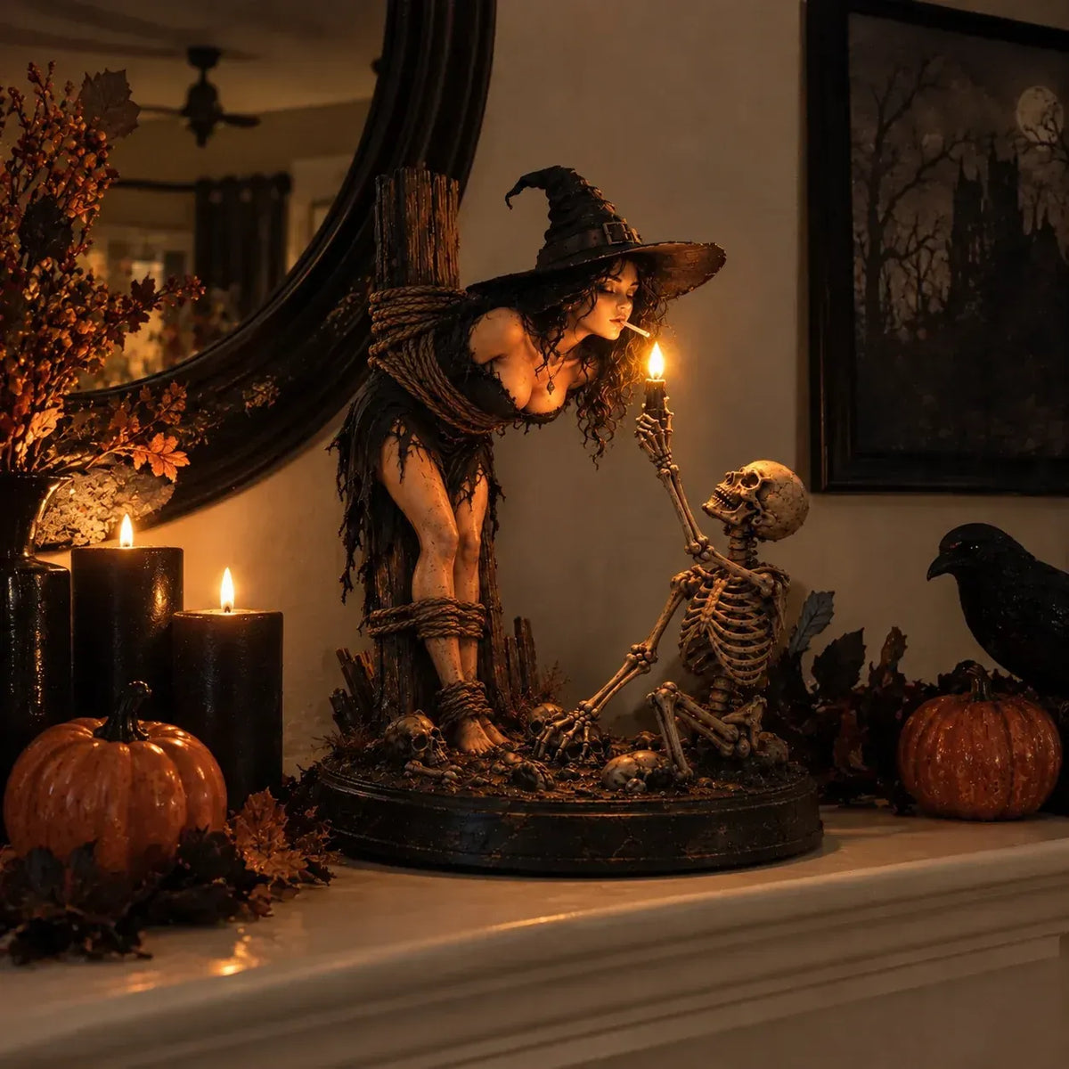 🖤 Light-Up Witch & Skeleton Gothic Figurine | Dark Halloween Tabletop Scene with Glowing Flame Detail 🔥