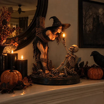 🖤 Light-Up Witch & Skeleton Gothic Figurine | Dark Halloween Tabletop Scene with Glowing Flame Detail 🔥