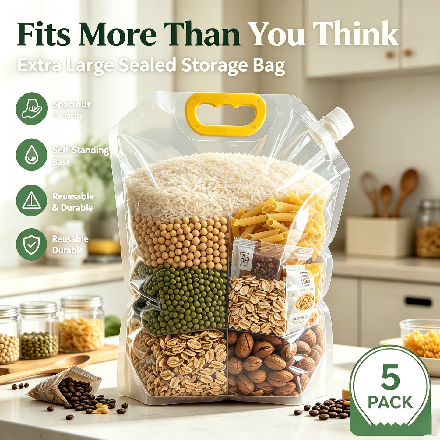 5 Counts Reusable Food Sealed Bags, leak proof design, prevent liquid spillage