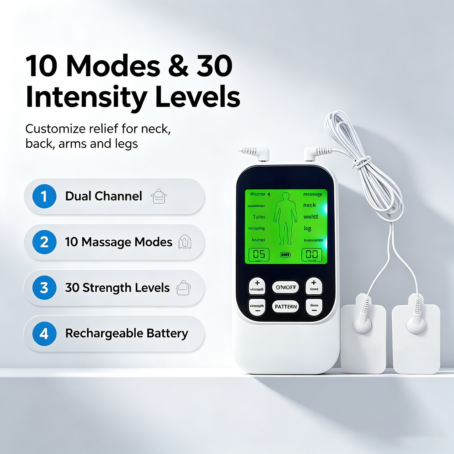 🙆‍♂️💪Rechargeable Muscle Stimulator Massager, 10 Modes 30 Intensity Levels TENS Unit with 10 Pads, Dual Channel Portable Pain Relief Device for Neck Body Recovery