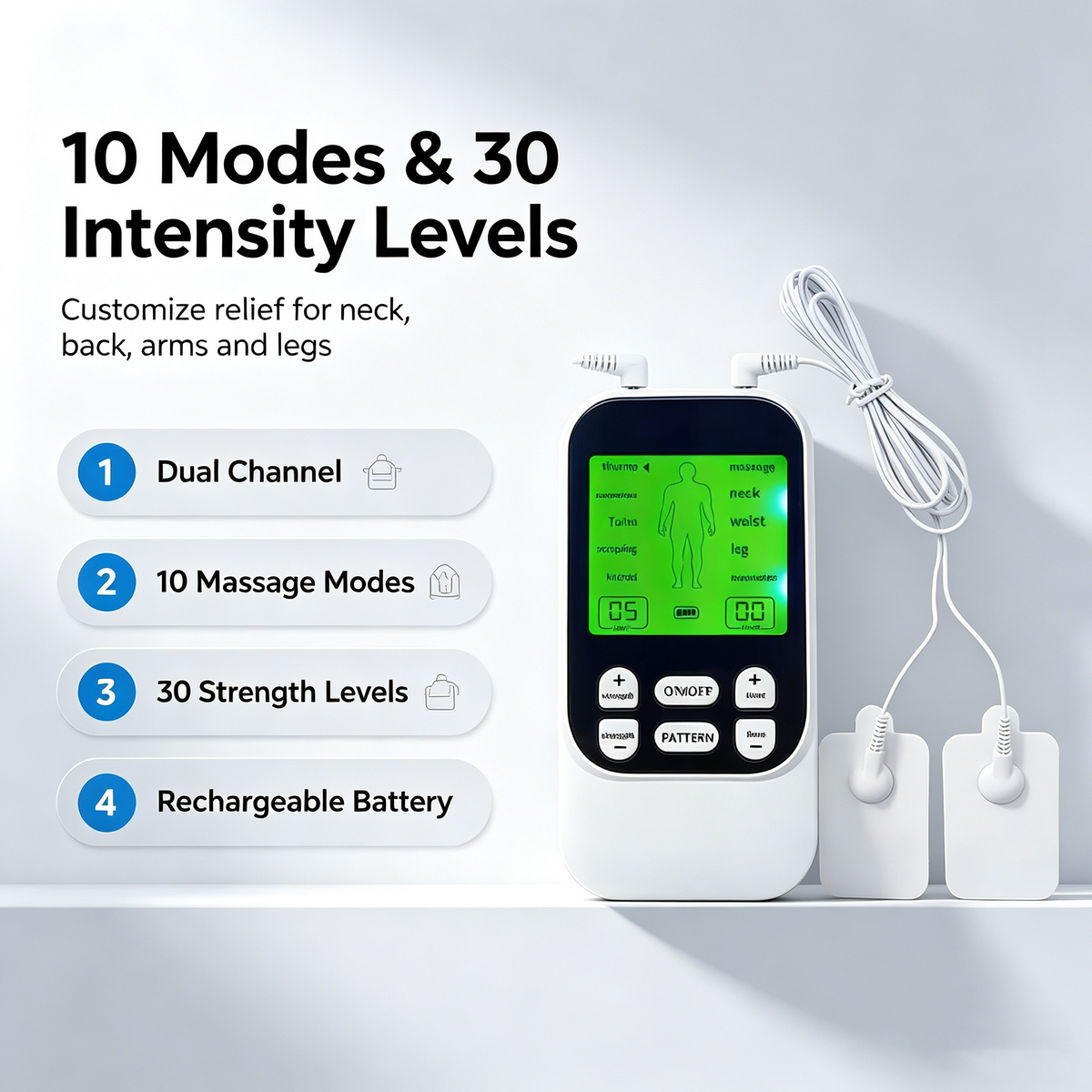 Muscle Stimulator Massager – 10 Modes 30 Levels, Drug-Free Pain Relief for Neck, Back & Joints, Rechargeable with 10 Pads