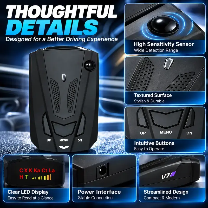 🚗 V7 Smart Radar Detector 📡 Multi-Band Detection with Voice Alerts, LED Display & City/Highway Modes