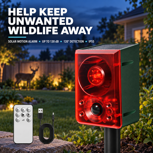 Solar Outdoor Motion Sensor Alarm - Dog Barking & Gunshot Sound, Support Recording and Volume Adjustment, 130dB Noise with Flashing Light to Deter Raccoon, Deer, Skunk, Bear, Coyote
