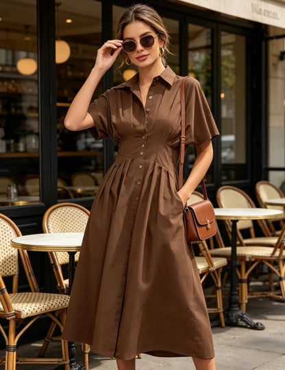 Shirt Dress for Women Summer Casual Short Sleeve Button Down Loose Pleated Maxi Sundress with Pockets
