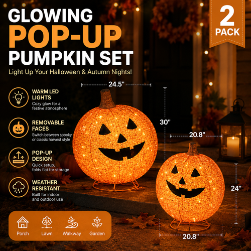 🎃 Light-Up Pop-Up Outdoor Halloween Pumpkin Set – Autumn Seasonal Decor ⭐