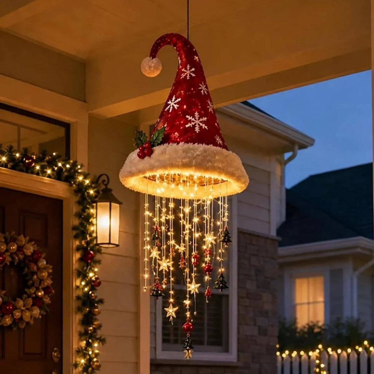 Santa Hat LED Hanging Light - A classic Santa hat raining warm fairy lights & Christmas charms(50*20 cm).