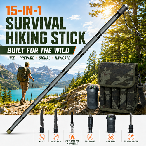 Multifunctional Tactical Hiking Stick - 15-in-1 Survival Multi-Tool for Outdoors
