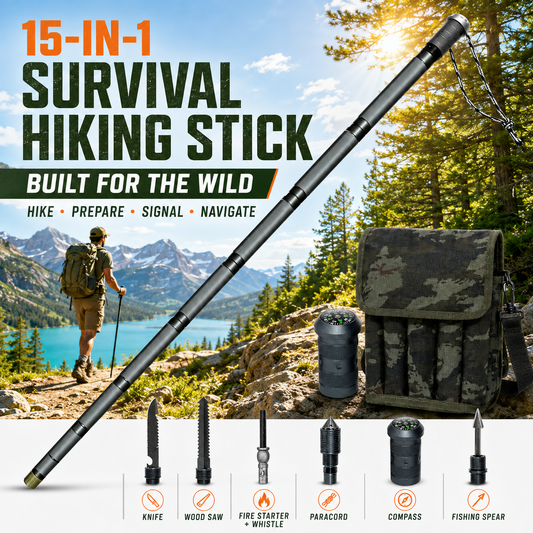 Multifunctional Tactical Hiking Stick - 15-in-1 Survival Multi-Tool for Outdoors