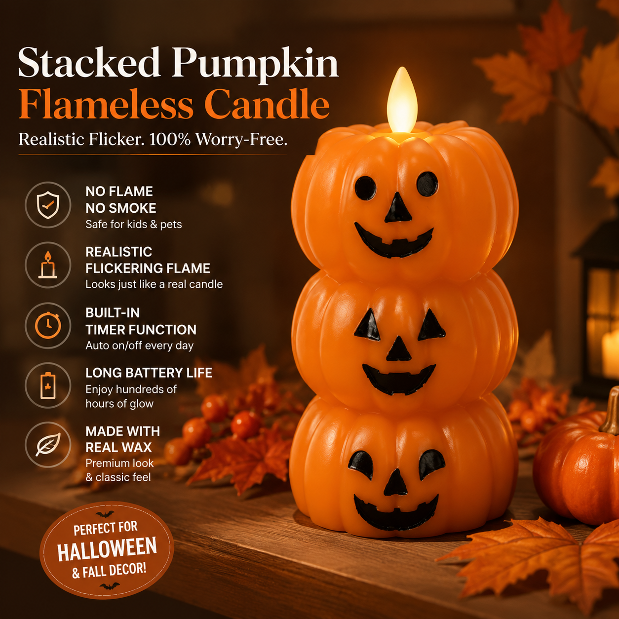 🎃🕯️ STACKED JACK-O'-LANTERNS FLAMELESS LED CANDLE