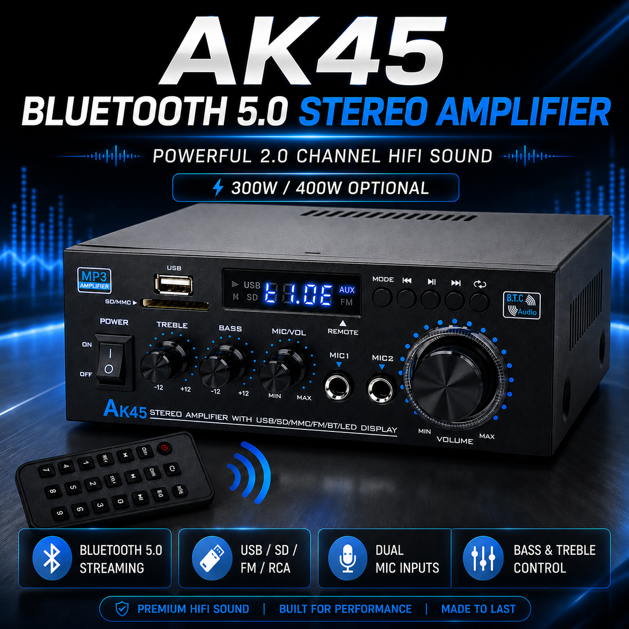 AK45 300W/AK45 Pro 400W Bluetooth 5.0 Stereo Amplifier