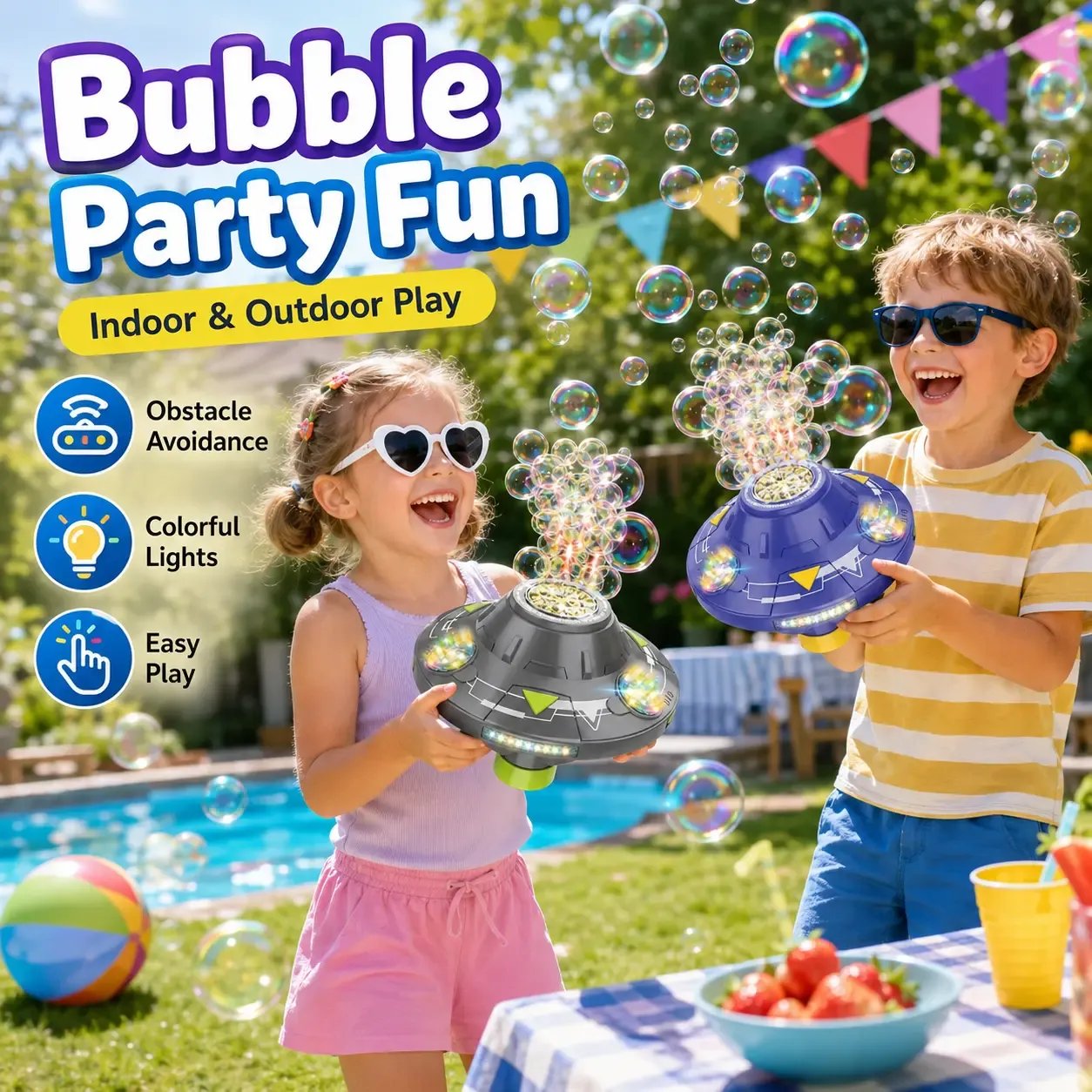🎉Flying Saucer Bubble Maker for Kids, Automatic Rotating Bubble Blower with Lights, Music