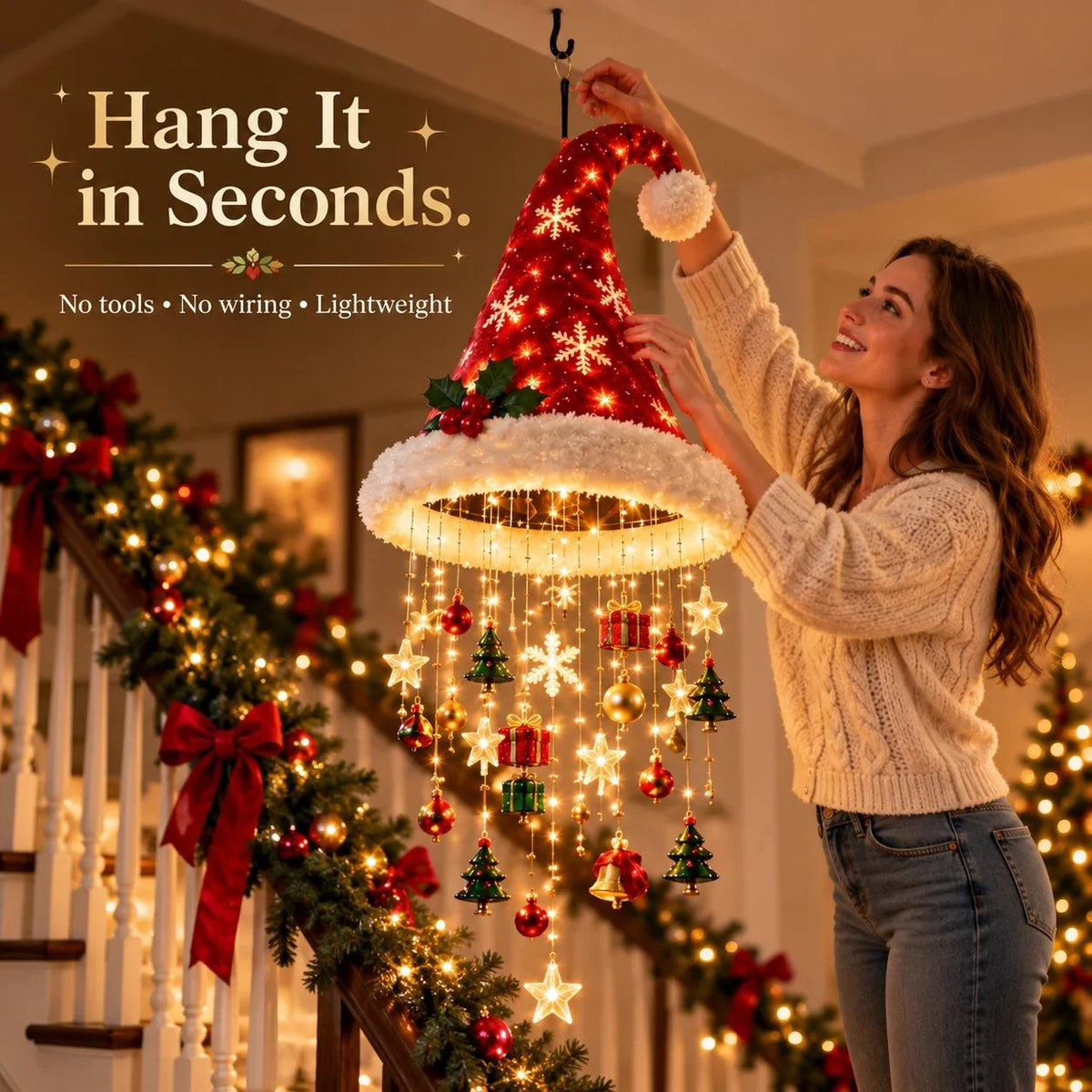Santa Hat LED Hanging Light - A classic Santa hat raining warm fairy lights & Christmas charms(50*20 cm).