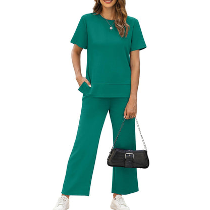 casual summer set featuring loose, wide-leg trousers—perfect for airport travel, beach vacations, and downtime; designed with short sleeves and soft, comfortable fabric