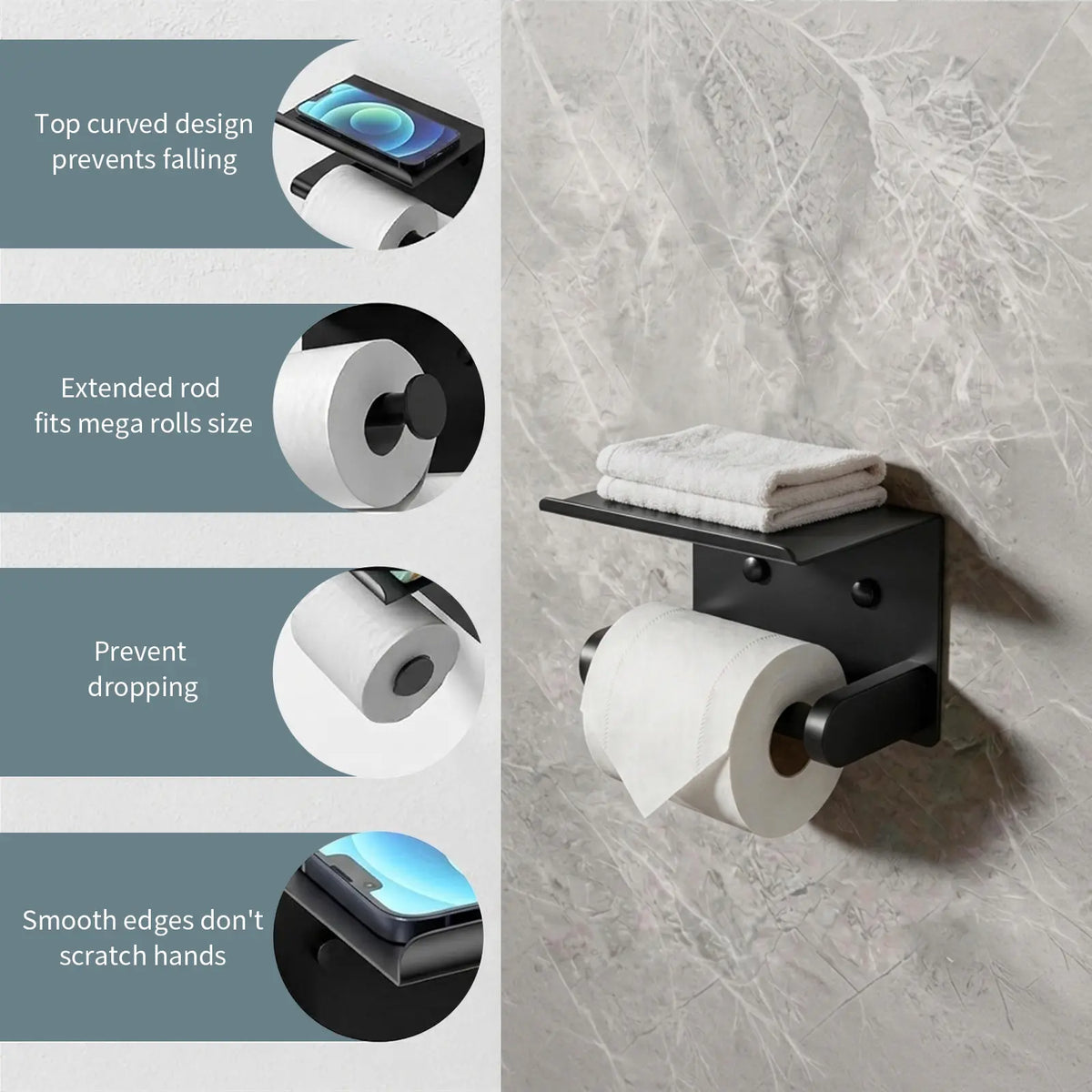 DGAPHRO Black Stainless Steel Toilet Paper Holder with Shelf for Bathroom and Kitchen