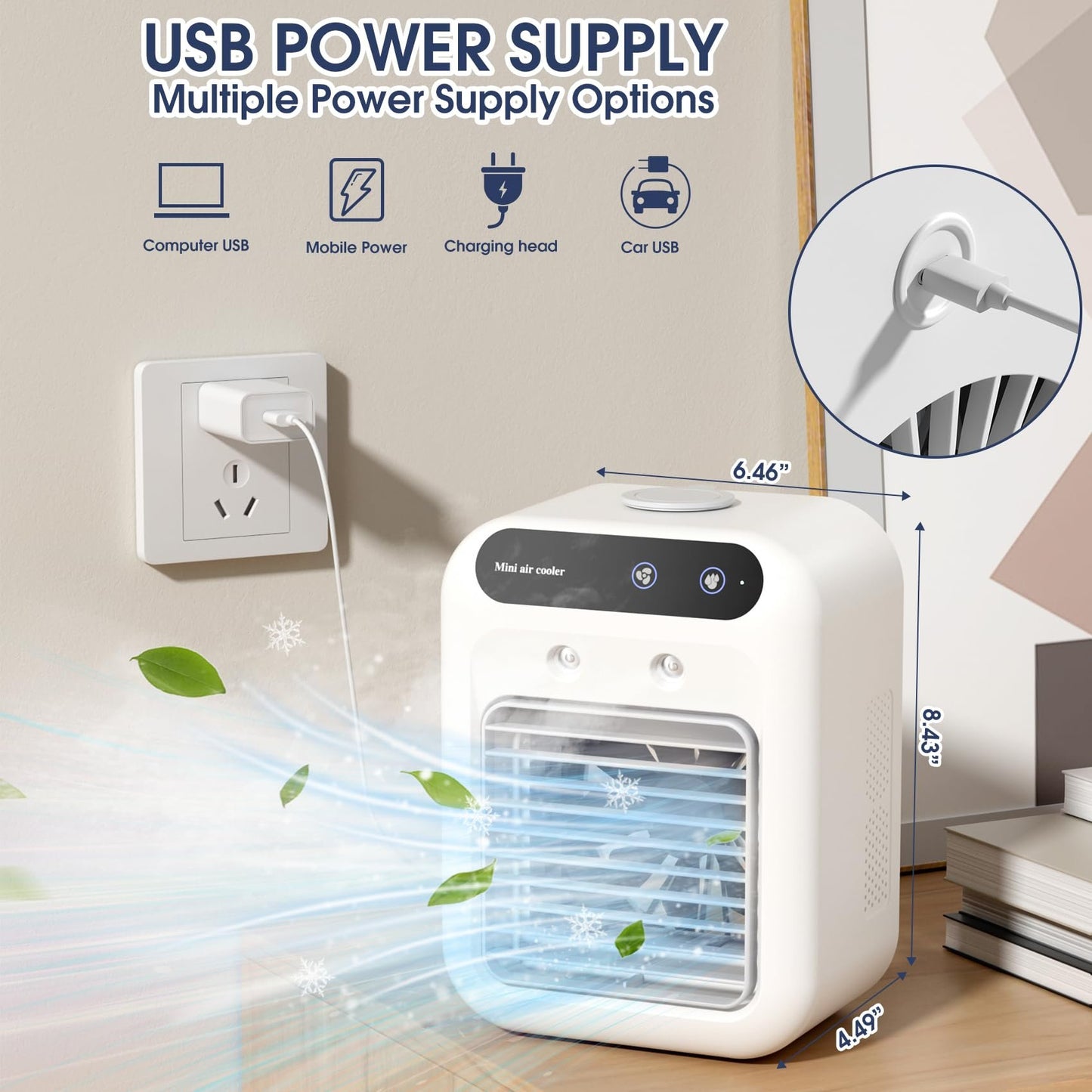 Portable USB Mini Air Conditioner Fan, Desktop Cooling Mist Humidifier