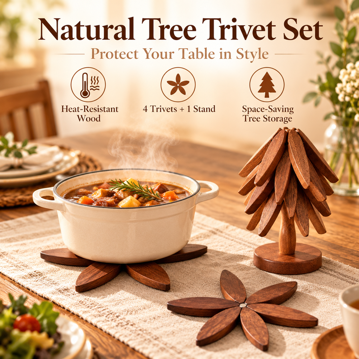 Natural Tree Trivet Set - 4 Wooden Trivets & 1 Stand Like a Christmas Tree