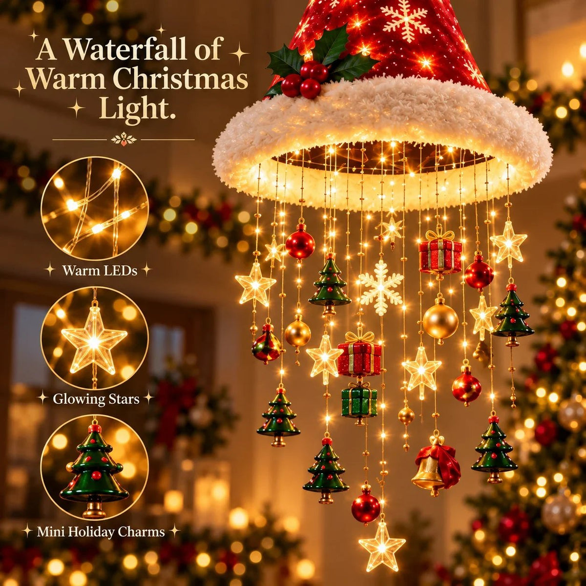 Santa Hat LED Hanging Light - A classic Santa hat raining warm fairy lights & Christmas charms(50*20 cm).