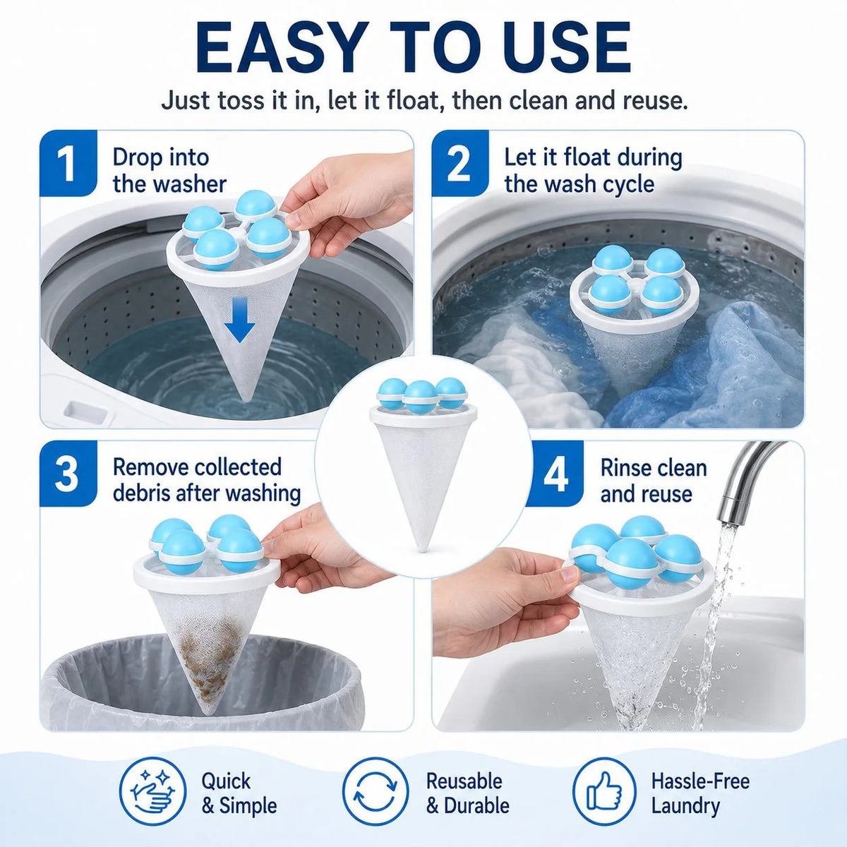 🧺 BUY 1 GET 1 FREE! 🧼 - 👚Floating Lint & Hair CatcherCatches Hair & Lint, Reusable & Protects Washing Machine/Drain 🚿