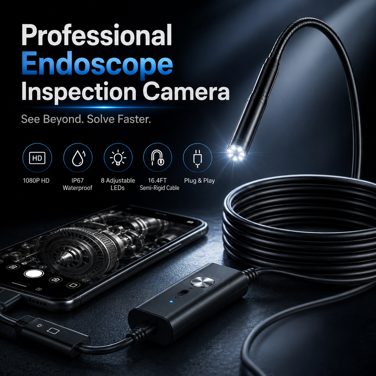 1920P HD Endoscope Camera with Light, Type-C & Lightning 3-in-1 Borescope Inspection Camera, Waterproof Snake Camera for iPhone, Android & PC