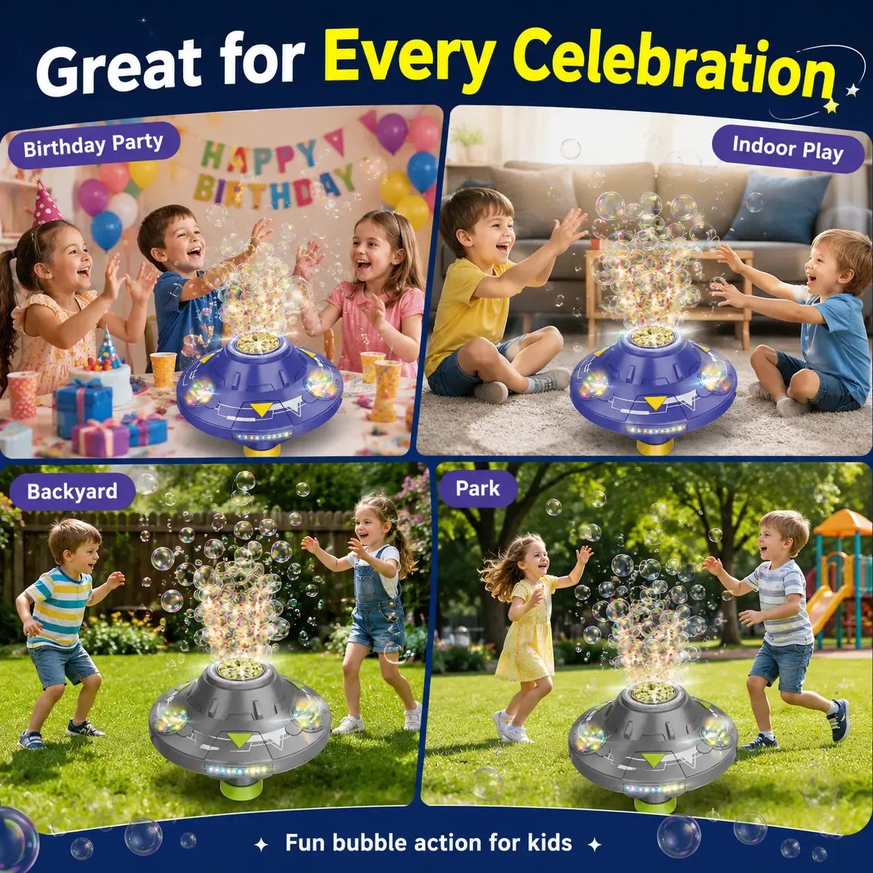 🎉Flying Saucer Bubble Maker for Kids, Automatic Rotating Bubble Blower with Lights, Music