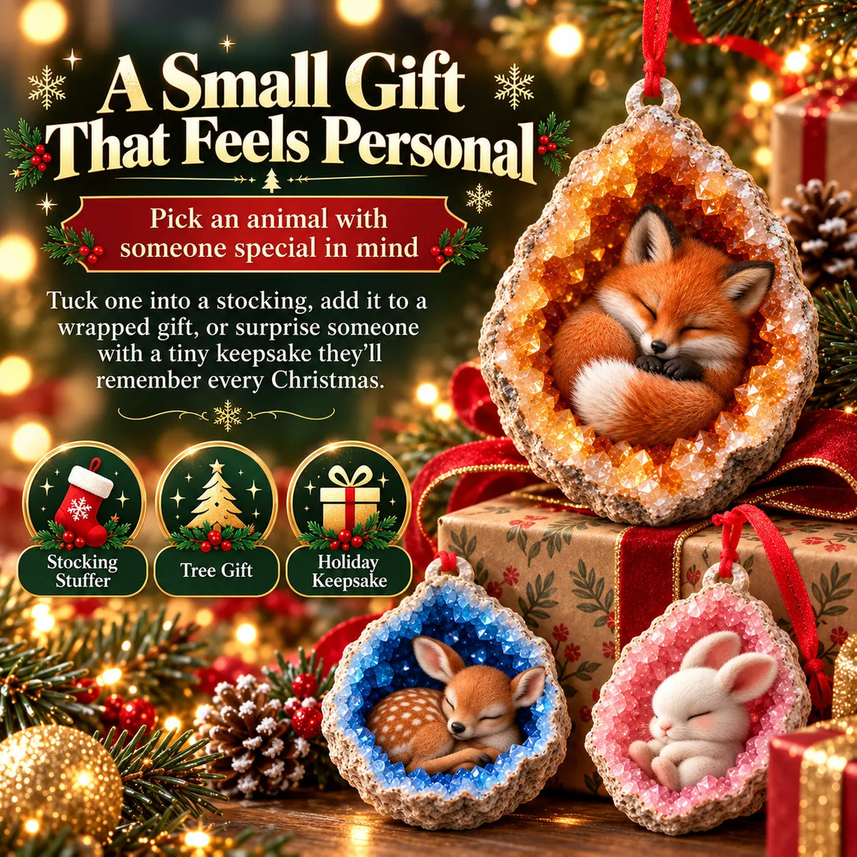 🎄Early Bird Christmas Sale 50% OFF |✨Woodland Geode Animal Ornaments – Tiny Christmas Friends Hidden in Crystal Magic