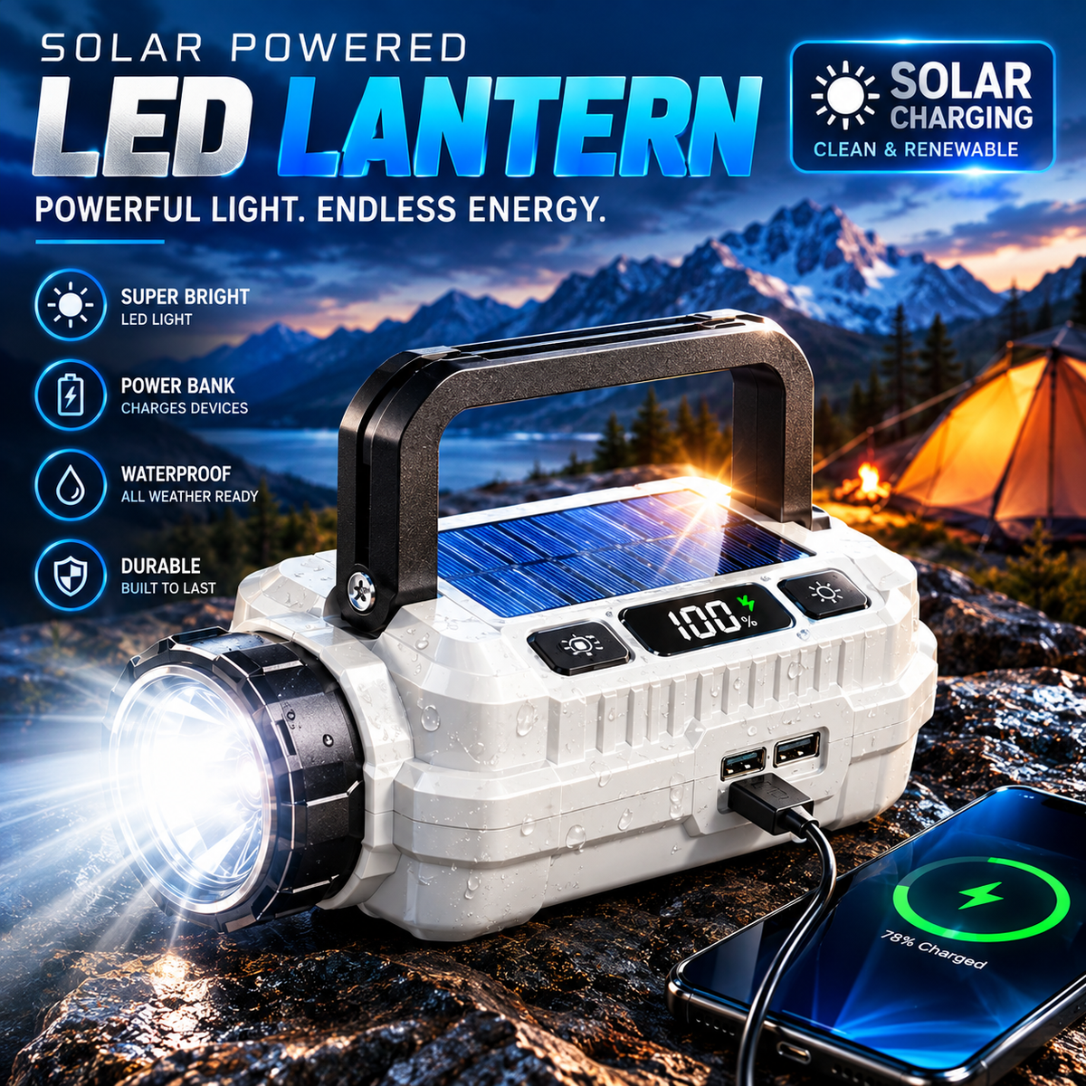 Solar Camping Lantern – 2-in-1 Light & Power Bank