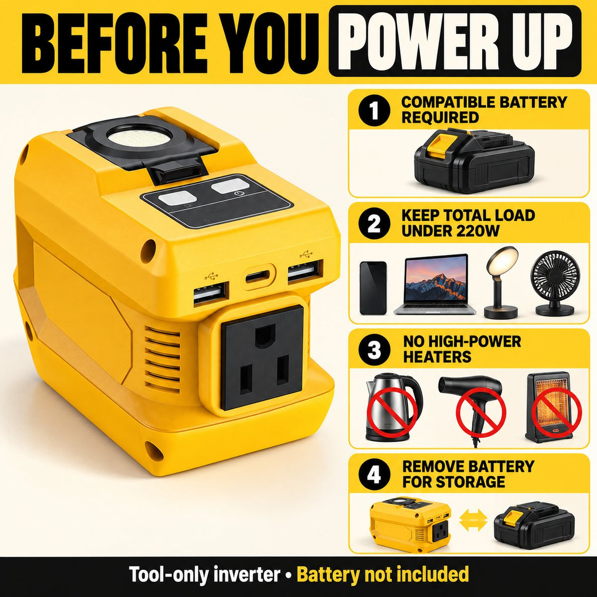 2-in-1 Portable Power Inverter & Floodlight | Convert Tool Batteries to 110V AC